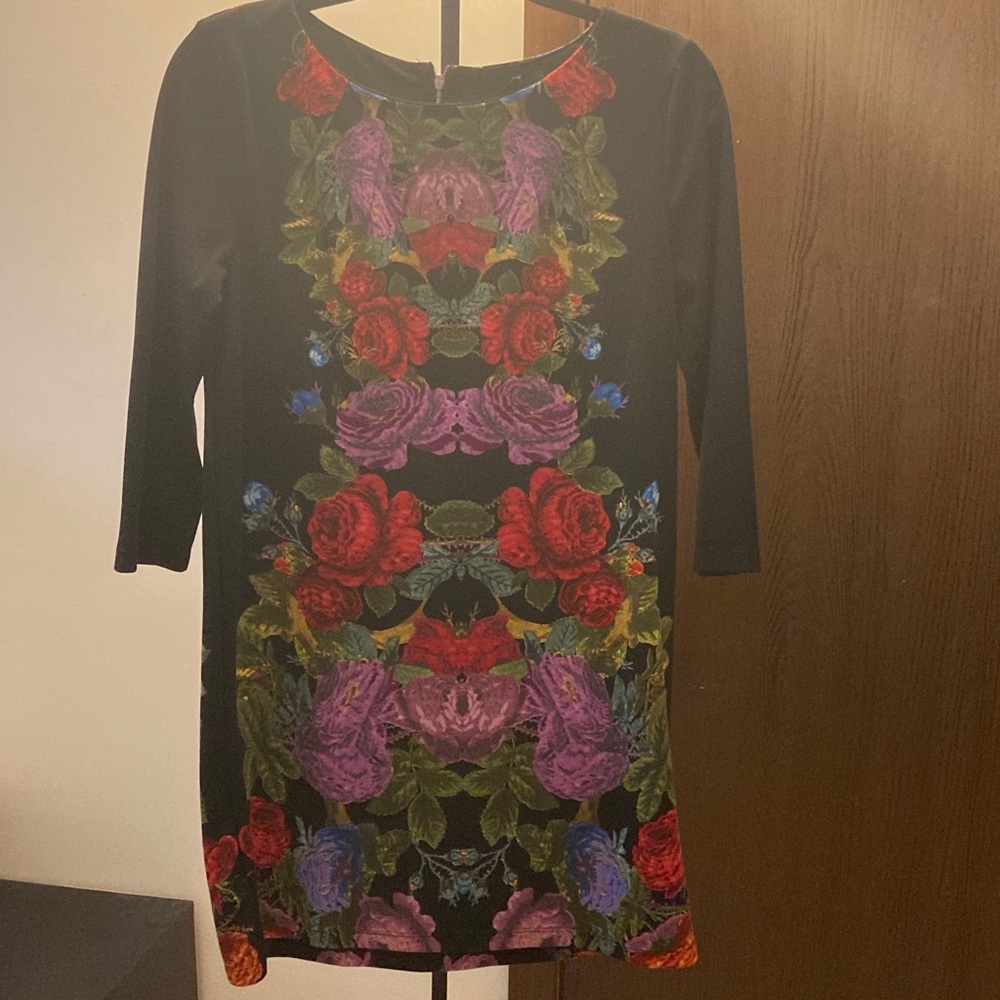 H&M Black Midi Dress with Red & Purple Floral Print